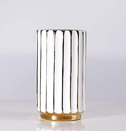 White & Gold Vase-Elegant Home Decor-Flower Vase-Kitchen Centerpiece-Geometric Ridges-Beveled Bottom-Modern/Contemporary Design - Wedding Table Accent - Boho Pottery - Gold- H-8.27" D-4.74"