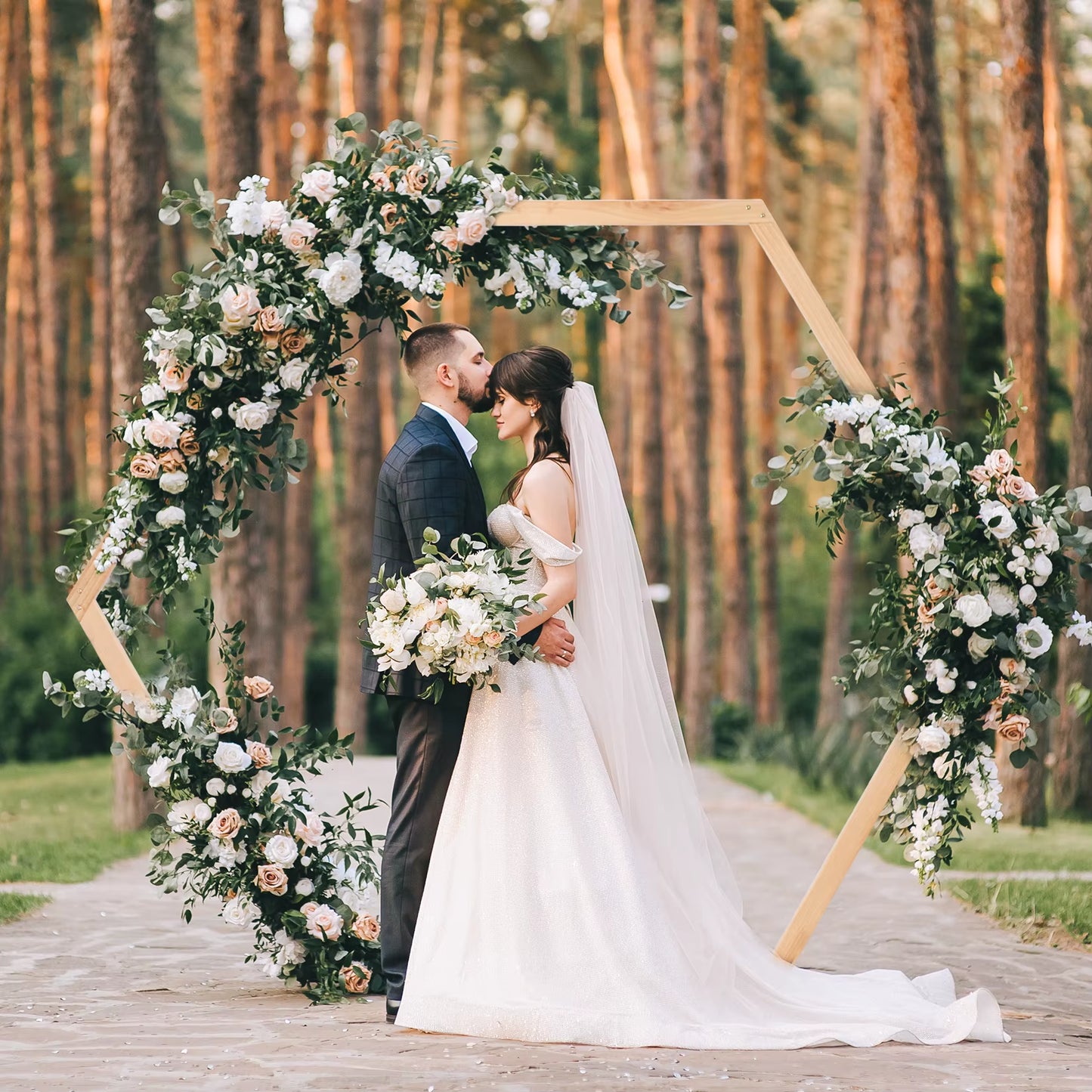 Hexagonal Wooden Wedding Ceremony Arch Bridal Party Backdrop Arch Stand Garden Arbor for Outdoor Weddings, Flowers Garland