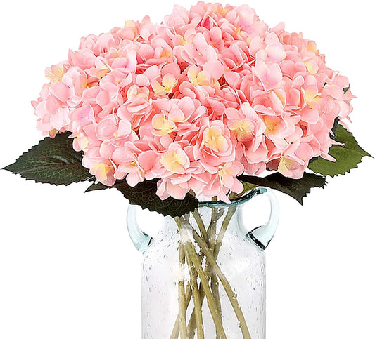 Pack of 5 Artificial Fake Flowers Plants Silk Hydrangea Arrangements Wedding Bouquets Decorations Plastic Floral Table Centerpieces Home Kitchen Garden Party Festival Bar(Pink)